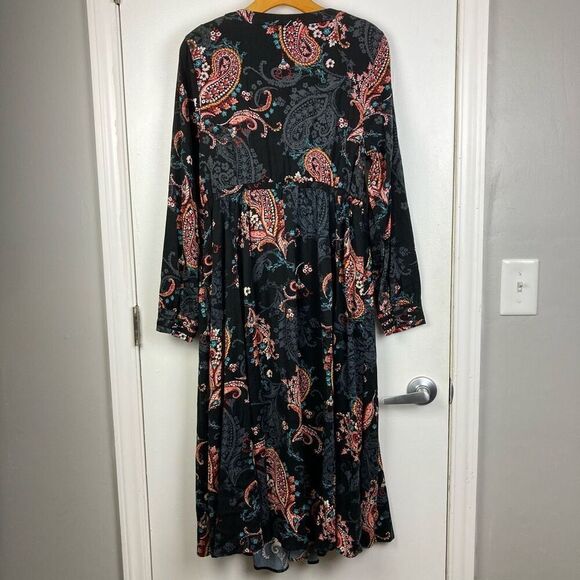 Torrid Midi Challis Skater Paisley V-neck Long Sleeve Black Dress sz 0 / L / 12 - Picture 5 of 10